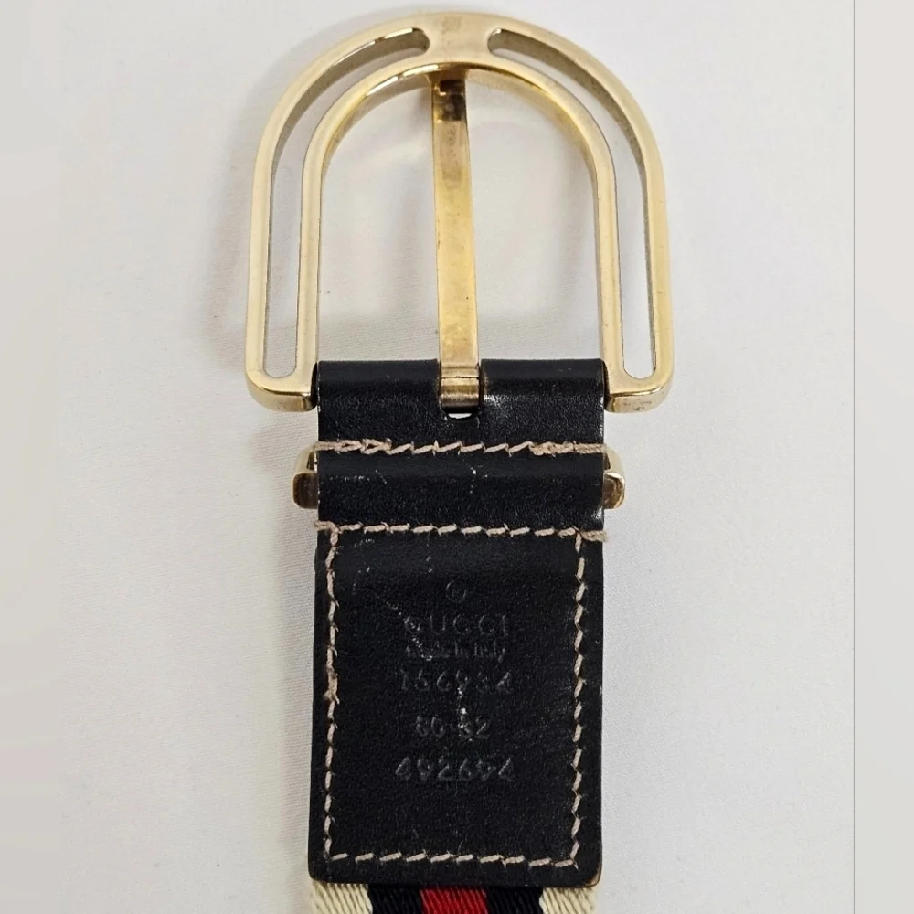 Gucci Nylon And Leather Belt In Cream Navy And Red Size 32 / 80